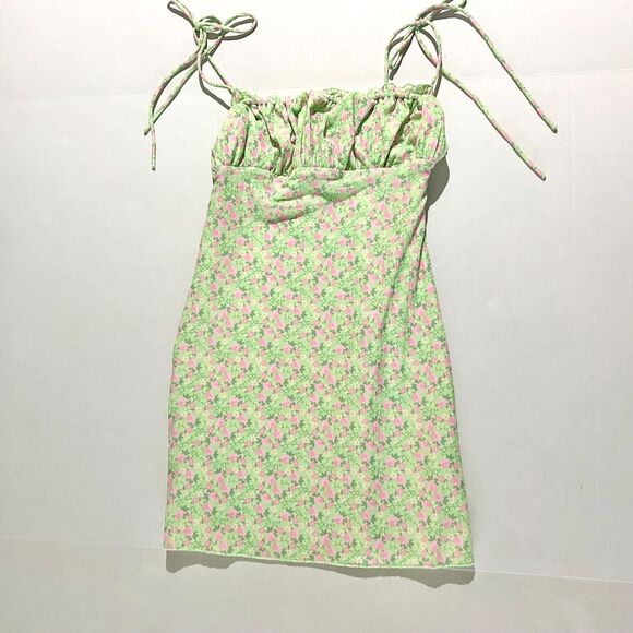 Princess Polly, Ruched Bust, Tie Straps, Green Floral Mini Dress, sz 4, Coquette - Picture 1 of 4